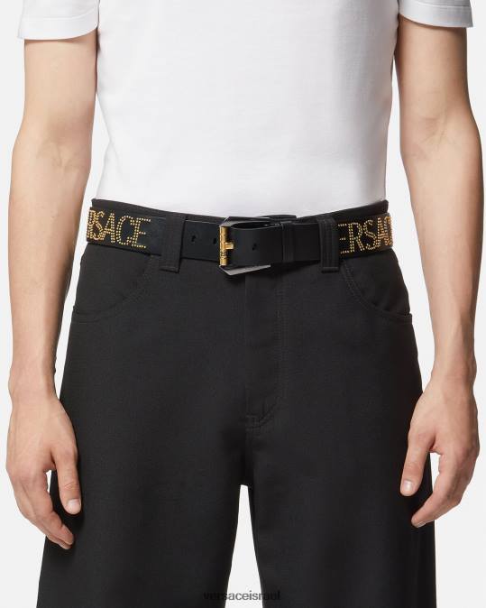 גברים Versace זהב שחור חגורה מעור לוגו משובץ אביזרים N8T21627