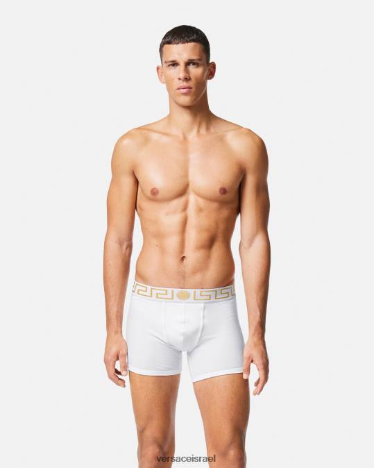 גברים Versace זהב לבן גזעים ארוכים בגבול גרקה תחתונים ובגדי חוף N8T21767