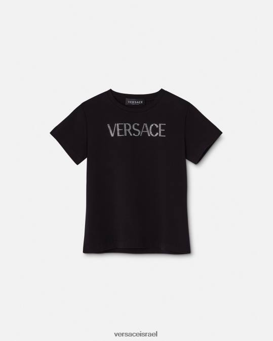 יְלָדִים Versace שָׁחוֹר חולצת טריקו עם לוגו קריסטל הַלבָּשָׁה N8T22021