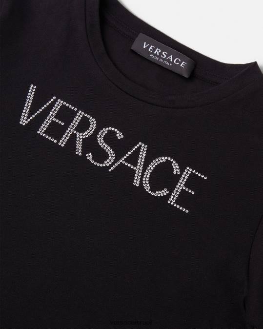 יְלָדִים Versace שָׁחוֹר חולצת טריקו עם לוגו קריסטל הַלבָּשָׁה N8T22021