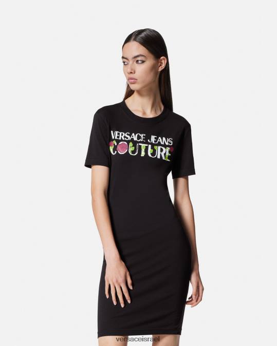 נשים Versace שָׁחוֹר שמלת חולצת טריקו לוגו של ורדים הַלבָּשָׁה N8T22157