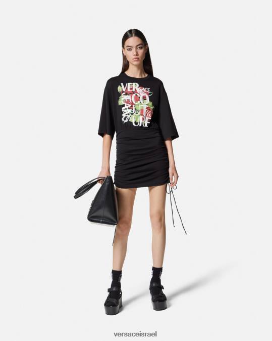 נשים Versace שָׁחוֹר שמלת טריקו שרוכים עם לוגו של ורדים הַלבָּשָׁה N8T22161