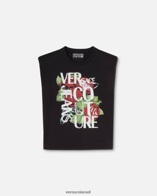 נשים Versace שָׁחוֹר חולצת טי של לוגו ורדים הַלבָּשָׁה N8T22174
