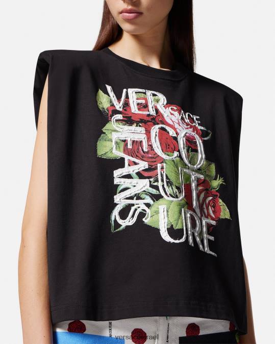 נשים Versace שָׁחוֹר חולצת טי של לוגו ורדים הַלבָּשָׁה N8T22174