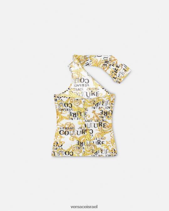 נשים Versace זהב ולבן טופ לוגו קוטור עם כתף אחת הַלבָּשָׁה N8T22205