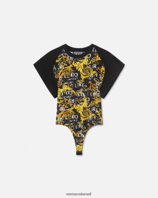 נשים Versace זהב שחור חולצת בגד גוף לוגו קוטור הַלבָּשָׁה N8T22208