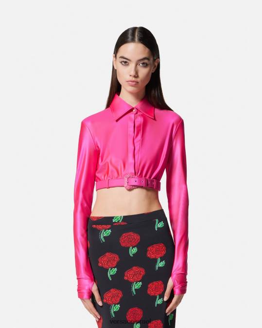 נשים Versace ורוד פוקסיה חולצת קרופ בארוק עם אבזם הַלבָּשָׁה N8T22218