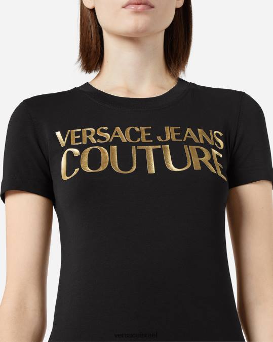 נשים Versace זהב שחור חולצת טריקו עם לוגו הַלבָּשָׁה N8T22233
