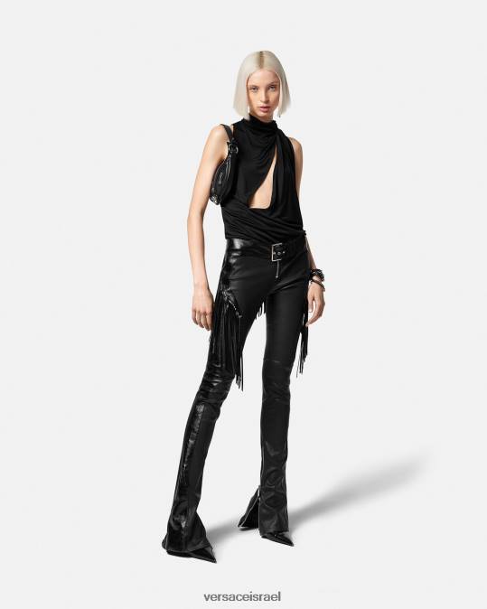 נשים Versace שָׁחוֹר מכנסי עור עם פרנזים הַלבָּשָׁה N8T2223