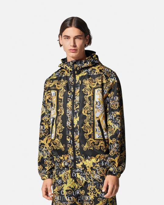 גברים Versace שחור & הדפס מעיל רוח לוגו קוטור הַלבָּשָׁה N8T22414