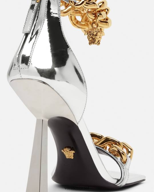 נשים Versace כסף סנדלי שרשרת מטאליים של מדוזה נַעַל N8T2464