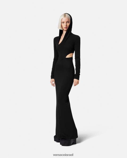 נשים Versace שָׁחוֹר שמלה ארוכה עם קפוצ'ון חתוך הַלבָּשָׁה N8T252