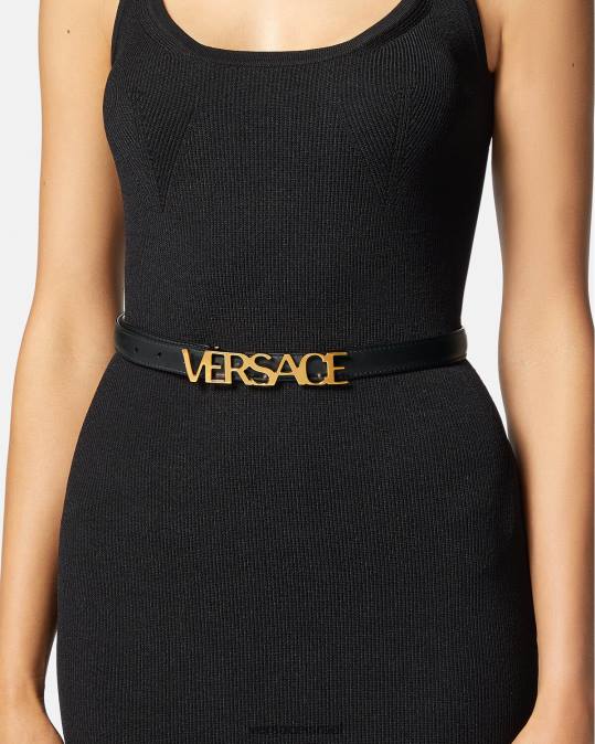 נשים Versace שָׁחוֹר חגורת עור דקה לוגו אביזרים N8T2538