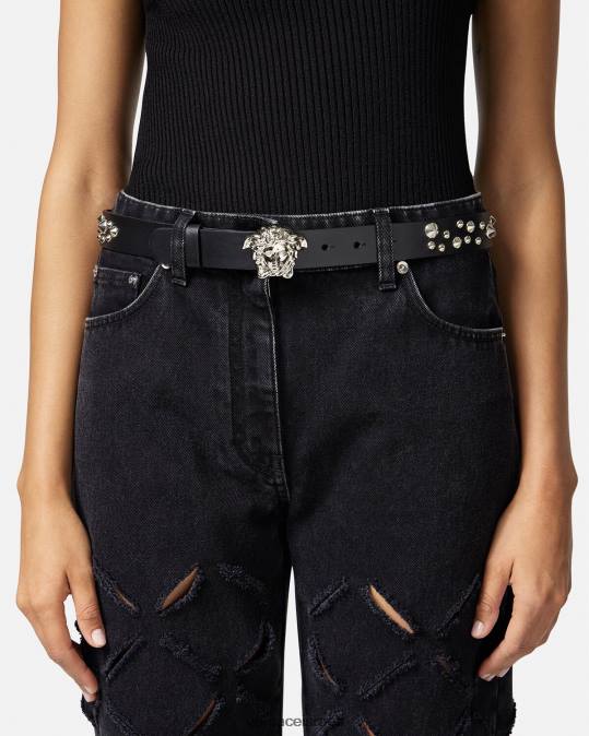 נשים Versace שָׁחוֹר חגורת עור לה מדוזה עם קוצים אביזרים N8T2545