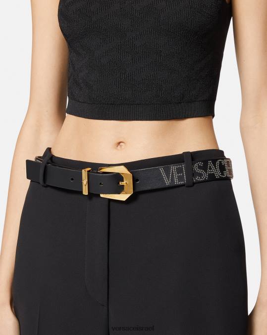 נשים Versace שָׁחוֹר חגורת עור משובצת אביזרים N8T2549