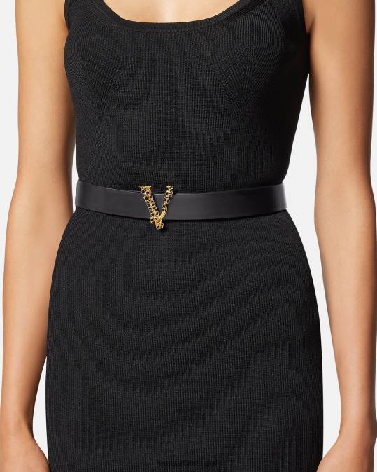 נשים Versace שָׁחוֹר חגורת עור וירטוס קריסטל אביזרים N8T2551