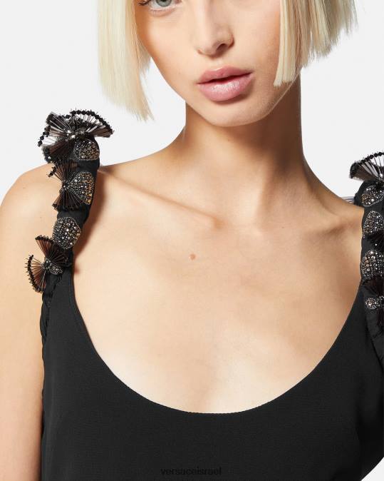 נשים Versace שָׁחוֹר שמלת מידי מגולגלת מעוטרת משי הַלבָּשָׁה N8T262