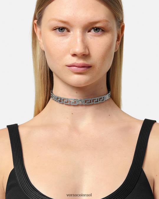 נשים Versace כחול בהיר ומתכתי שרשרת קולר מדוזה גרקה קריסטל אביזרים N8T2720