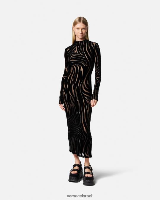 נשים Versace שָׁחוֹר שמלת מידי קטיפה זברה הַלבָּשָׁה N8T272