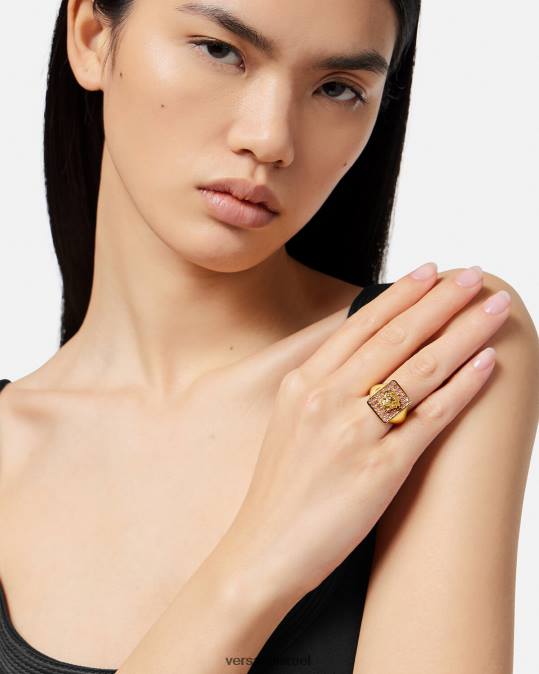 נשים Versace ורוד וזהב טבעת קריסטל אריחים אביזרים N8T2736