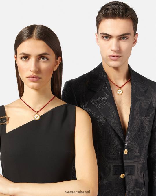 נשים Versace בורדו וזהב שרשרת חרוזים בצלחת מדוזה אביזרים N8T2816