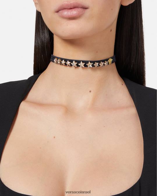 נשים Versace שָׁחוֹר קולר כוכב קריסטל סאטן אביזרים N8T2826