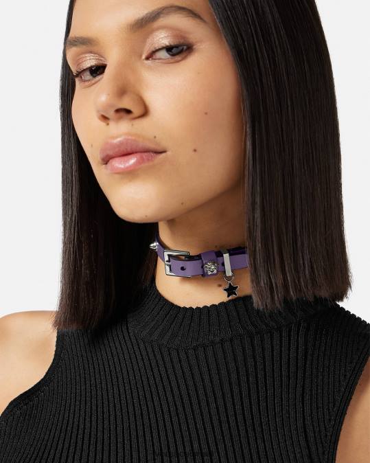 נשים Versace לִילָך קולר מעור משובץ אביזרים N8T2841