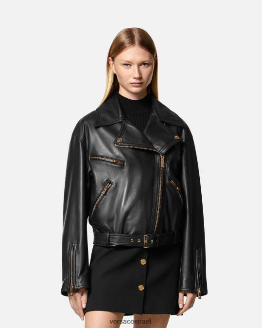 נשים Versace שָׁחוֹר מעיל אופנוענים מעור מדוזה הַלבָּשָׁה N8T286