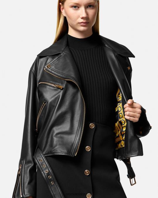 נשים Versace שָׁחוֹר מעיל אופנוענים מעור מדוזה הַלבָּשָׁה N8T286