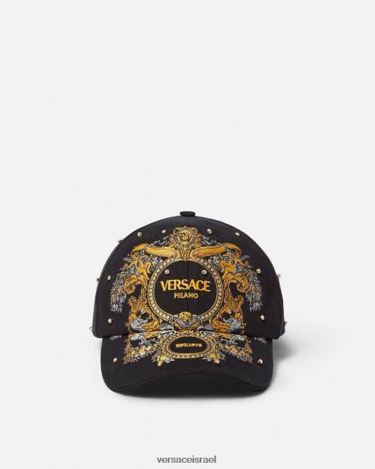 נשים Versace שָׁחוֹר כובע בייסבול רשת קריסטל בארוק אביזרים N8T2908