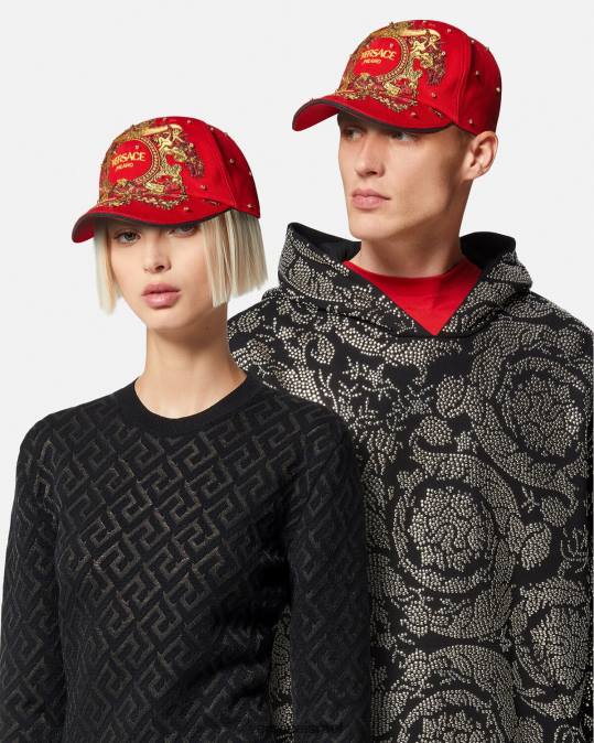 נשים Versace אָדוֹם כובע בייסבול רשת קריסטל בארוק אביזרים N8T2909