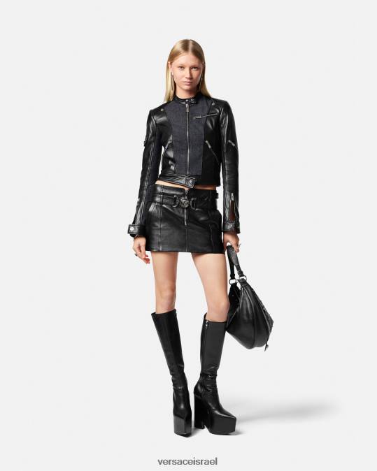 נשים Versace שָׁחוֹר מעיל אופנוענים מעור ג'ינס הַלבָּשָׁה N8T290