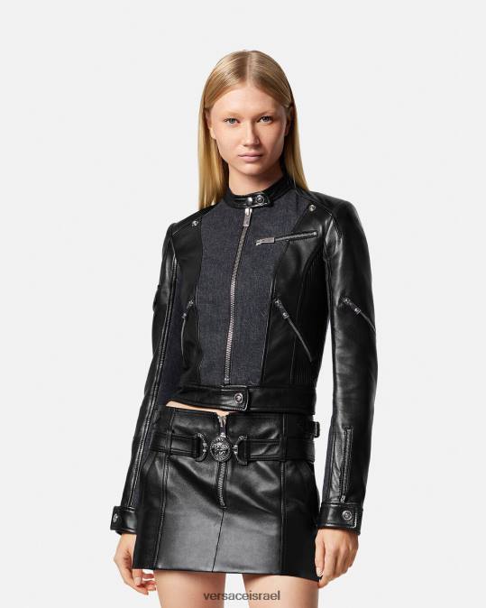 נשים Versace שָׁחוֹר מעיל אופנוענים מעור ג'ינס הַלבָּשָׁה N8T290