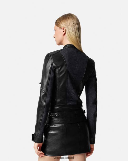 נשים Versace שָׁחוֹר מעיל אופנוענים מעור ג'ינס הַלבָּשָׁה N8T290