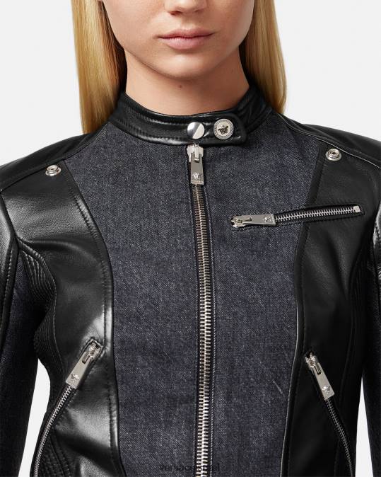 נשים Versace שָׁחוֹר מעיל אופנוענים מעור ג'ינס הַלבָּשָׁה N8T290