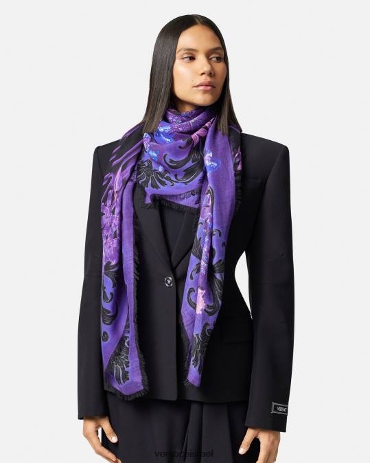 נשים Versace סגול והדפס צעיף בתערובת צמר סחלב בארוקו אביזרים N8T2924