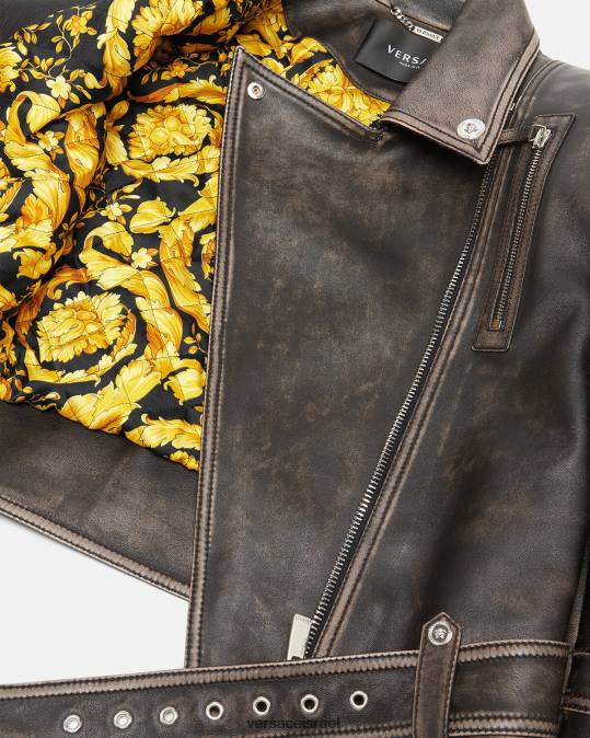 נשים Versace אפור מעיל עור מוברש בארוקו הַלבָּשָׁה N8T298