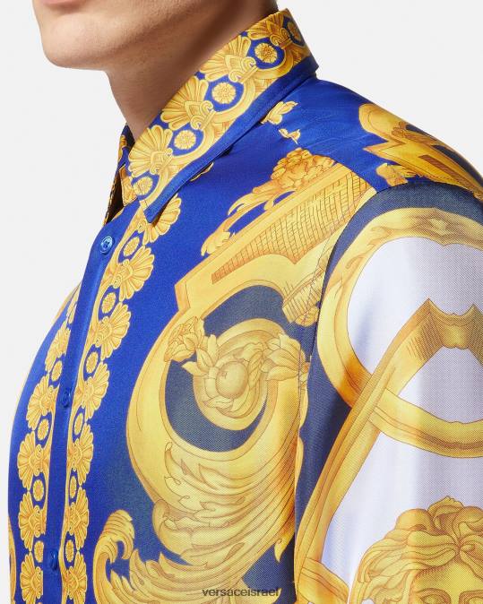 גברים Versace כחול וזהב חולצת barocco 660 כותנה הַלבָּשָׁה N8T21321