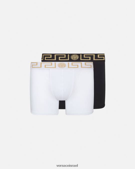 גברים Versace לבן שחור גזעים ארוכים בגבול greca 2-pack תחתונים ובגדי חוף N8T21763