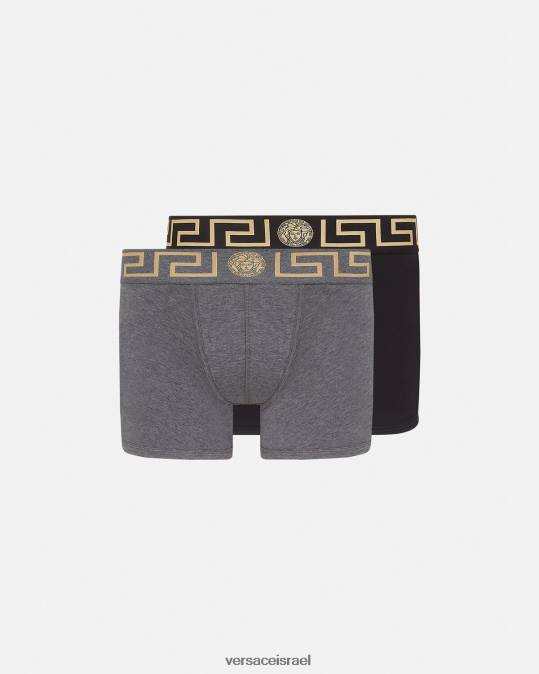 גברים Versace אפור ושחור גזעים ארוכים בגבול greca 2-pack תחתונים ובגדי חוף N8T21764