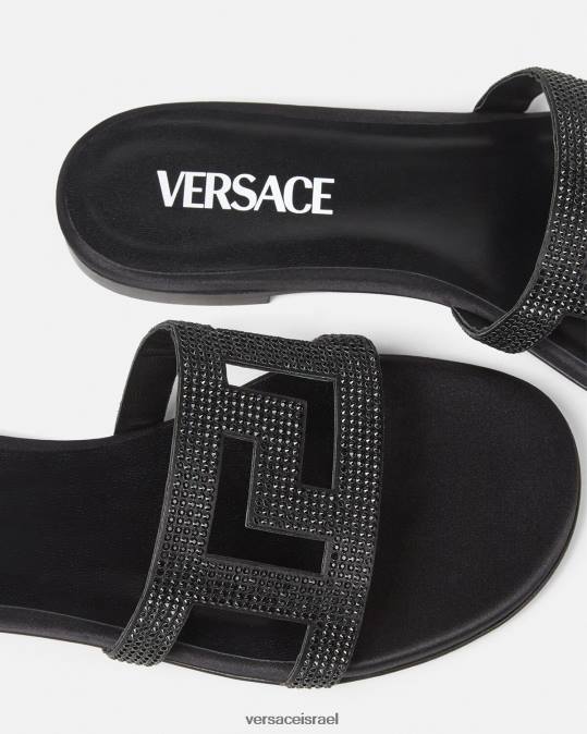 נשים Versace שָׁחוֹר סנדלי קריסטל שטוחים של greca maze נַעַל N8T2472