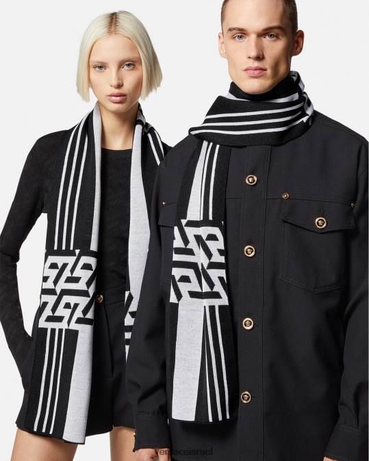 נשים Versace לבן שחור צעיף סריג מפוספס la greca אביזרים N8T2933
