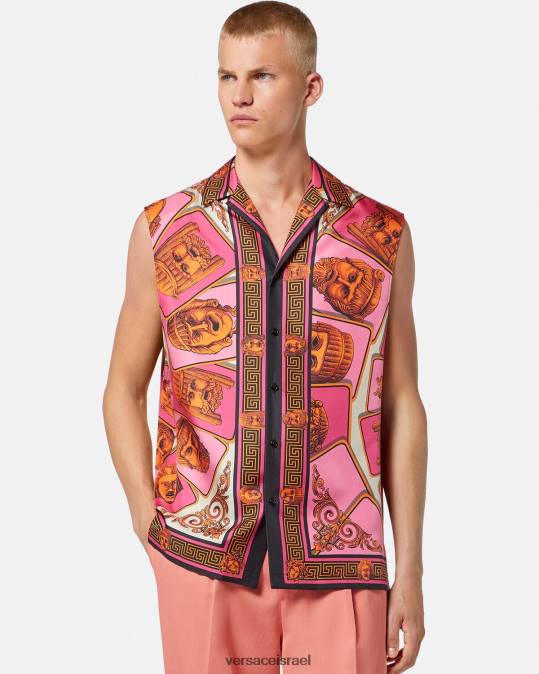 גברים Versace ורוד & הדפס חולצת משי ללא שרוולים le maschere הַלבָּשָׁה N8T21304