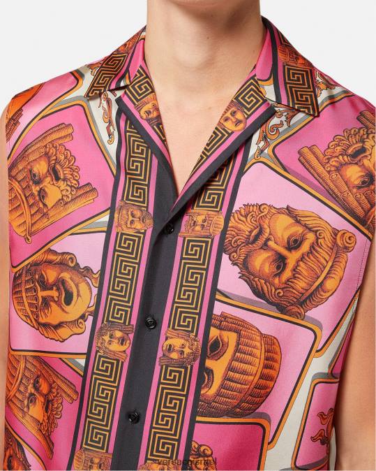 גברים Versace ורוד & הדפס חולצת משי ללא שרוולים le maschere הַלבָּשָׁה N8T21304