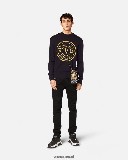 גברים Versace שחור & הדפס סוודר צמר סרוג v-emblem הַלבָּשָׁה N8T22434